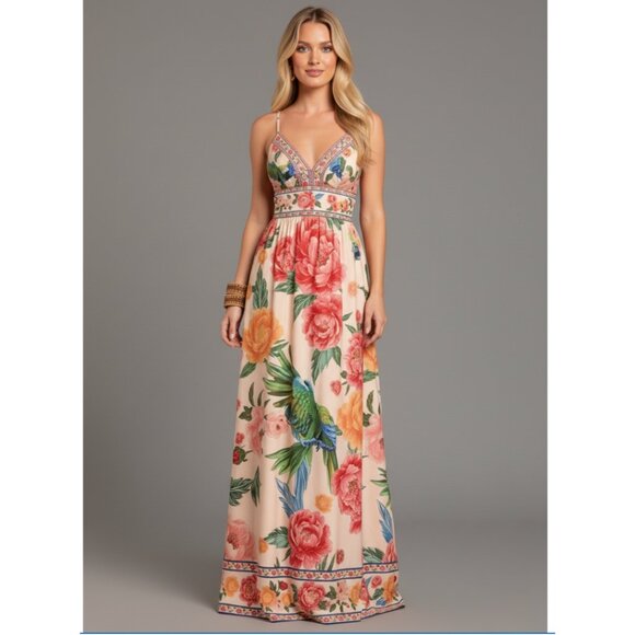 By Design Dresses & Skirts - Boho Floral Print V-Neck Maxi Dress